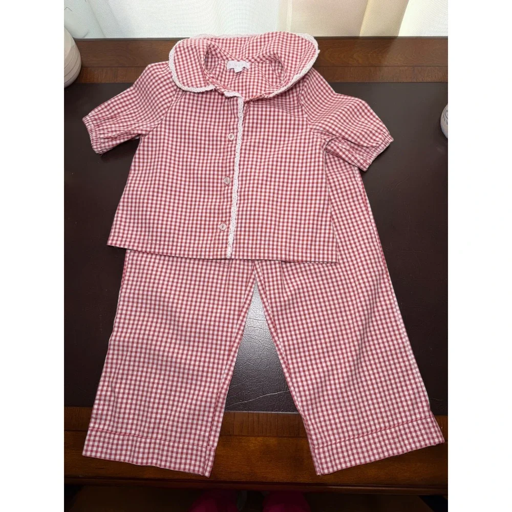 btween Girls Red Gingham Pajama Set Lace Trim Peter Pan Collar 2pc Size 4T
